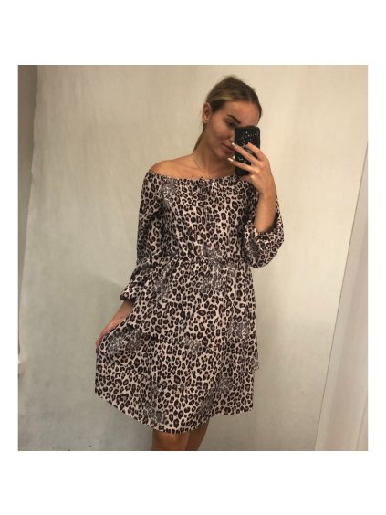 Šaty šifonové carmen dlouhý rukáv leopard dámské (S/M ONE SIZE) ITALSKÁ MÓDA IMWG21184/DR (Velikost S/M/L, Barva hnědá)