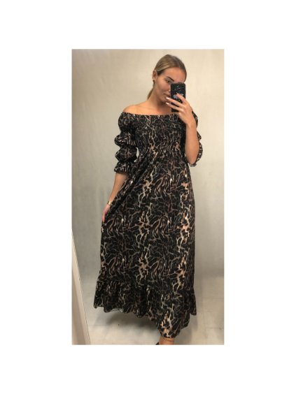 Šaty dlouhé letní žabičkované carmen přes ramena dámské leopard (S/M ONE SIZE) ITALSKÁ MÓDA IMWA216172-2/DR (Velikost S/M/L, Barva hnědá)