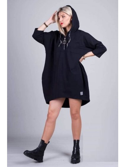 Šaty mikinové s kapucí na zip dlouhý rukáv dámské nadrozměr (3XL/4XLONE SIZE) TURECKÁ MÓDA IMLI21034/DR (Velikost 3XL/4XL, Barva Černá)