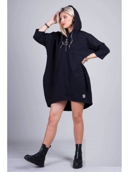 Šaty mikinové s kapucí na zip dlouhý rukáv dámské nadrozměr (3XL/4XLONE SIZE) TURECKÁ MÓDA IMLI21034/DR (Velikost 3XL/4XL, Barva Černá)