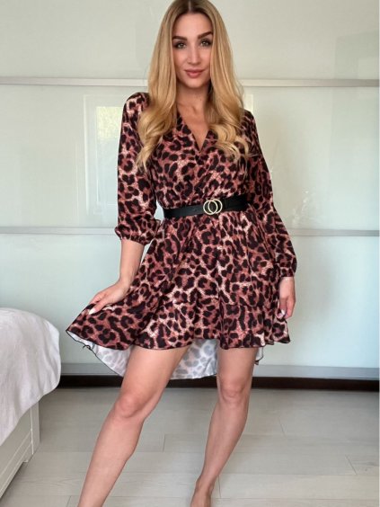 Šaty elegantní leopard dlouhý rukáv dámské Adél (S/M ONE SIZE) ITALSKÁ MÓDA IMWY216554/DR (Velikost S/M/L, Barva tmavě hnědá)