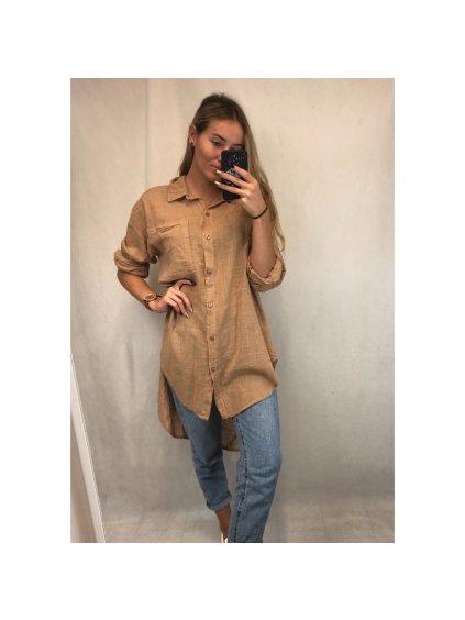 Košile prodloužená lněná oversize dlouhý rukáv dámské (M/L ONE SIZE) ITALSKÁ MÓDA IMWM216765/DR