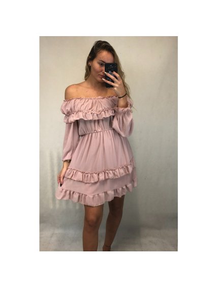 Šaty šifonové letní carmen na ramínka dámské (S/M ONE SIZE) ITALSKÁ MÓDA IMWY21736/DR (Velikost S/M/L, Barva růžová světlá)