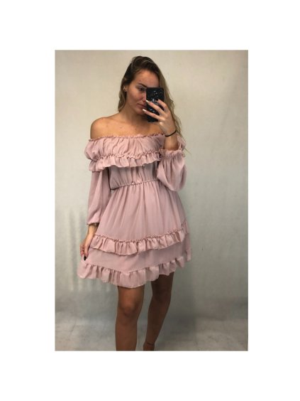 Šaty šifonové letní carmen na ramínka dámské (S/M ONE SIZE) ITALSKÁ MÓDA IMWY21736/DR (Velikost S/M/L, Barva růžová světlá)