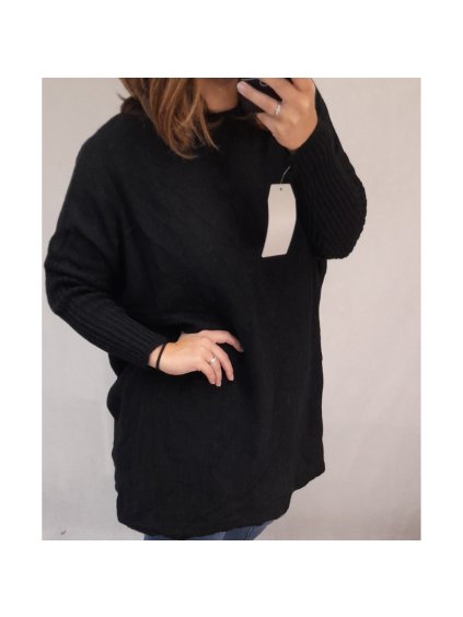 Šaty/Svetr prodloužený pletený dlouhý rukáv dámský nadrozměr (5XL/6XL ONE SIZE) ITALSKÁ MÓDA IMD21881/DR (Velikost 5XL/6XL, Barva Černá)
