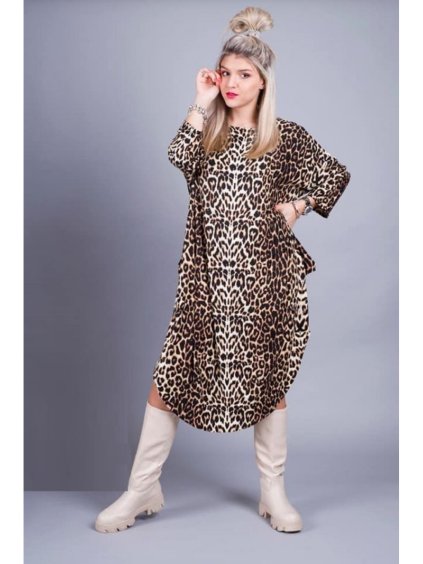 Šaty dlouhý rukáv dámské nadrozměr leopard (3XL/4XL ONE SIZE) POLSKÁ MÓDA IMLI21028/DR