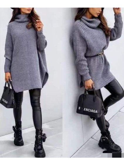 Šaty pletené s rolákem dlouhý rukáv dámské (L/XL ONE SIZE) ITALSKÁ MÓDA IMWY217093