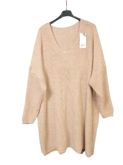 Šaty pletené alá svetr prodloužený dlouhý rukáv dámské nadrozměr (3XL/4XL ONE SIZE) ITALSKÁ MÓDA IM4212669 (Barva béžová)