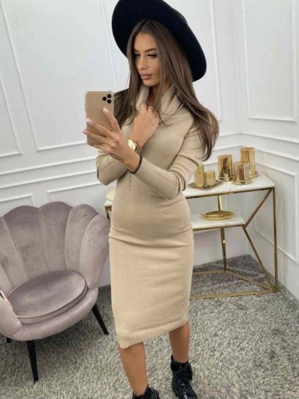 Šaty úpletové teplé s rolákem dlouhý rukáv dámské (S/M ONE SIZE) ITALSKÁ MÓDA IMMF21GF452/DR (Velikost S/M/L, Barva hnědá světlá)