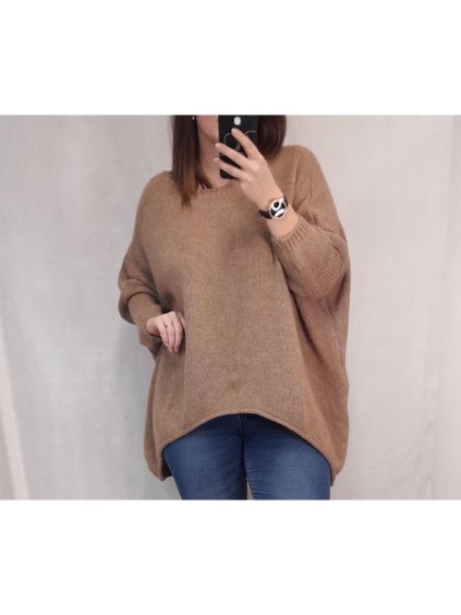 Šaty pletené 3/4 rukáv s kapsami dámský nadrozměr (5XL/6XL ONE SIZE) ITALSKÁ MÓDA IM821032 (Velikost 5XL/6XL, Barva hnědá)