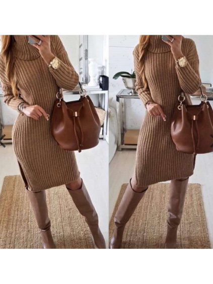 Šaty pletené teplé s rolákem dlouhý rukáv dámské (S/M/L ONE SIZE) ITALSKÁ MÓDA IMWL21159 (Velikost S/M/L, Barva béžová)