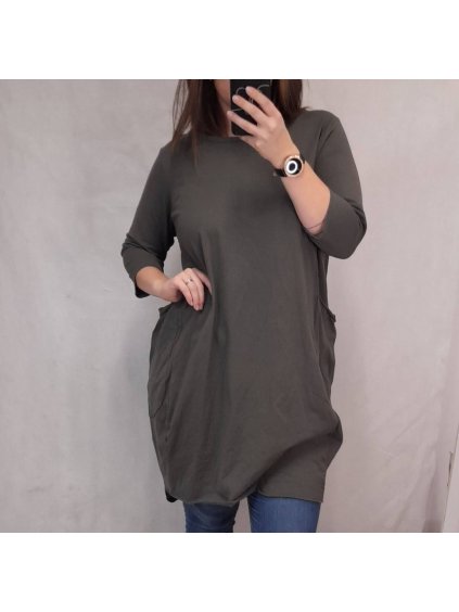 Šaty volnočasové bavlněné krátký rukáv dámské (XL/2XL ONE SIZE) ITALSKÁ MÓDA IMD22023 (Velikost XL/2XL, Barva zelená khaki)