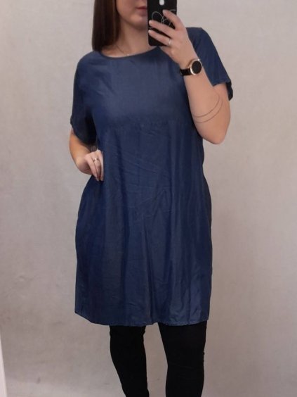 Šaty riflové letní krátký rukáv dámské nadrozměr (L/XL ONE SIZE) ITALSKÁ MÓDA IM722004/DR (Velikost S/M/L, Barva modrá)