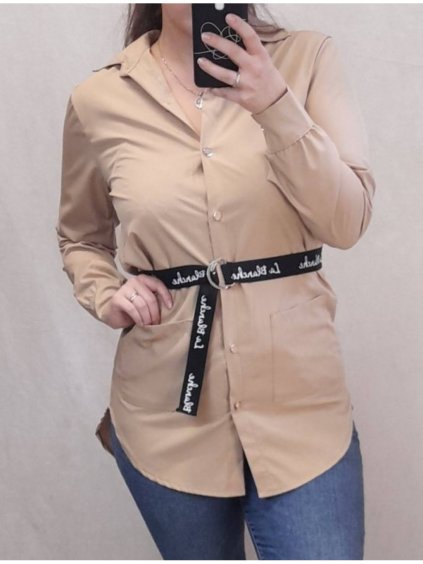 Tunika košilová oversize s páskem dlouhý rukáv dámská (M/L ONE SIZE)  ITALSKá MóDA IMC22021/DR (Velikost M/L, Barva béžová)