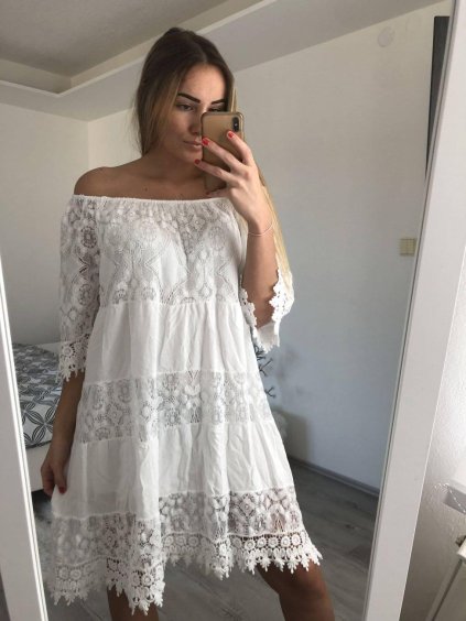 Šaty krajkové 3/4 rukáv dámské (L/XL ONE SIZE) ITALSKÁ MÓDA IM422286/DR (Velikost S/M/L, Barva bílá)
