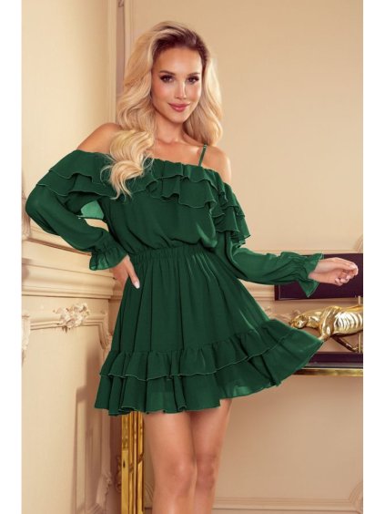 360-2 Šifonové šaty s odhalenými rameny - zelené