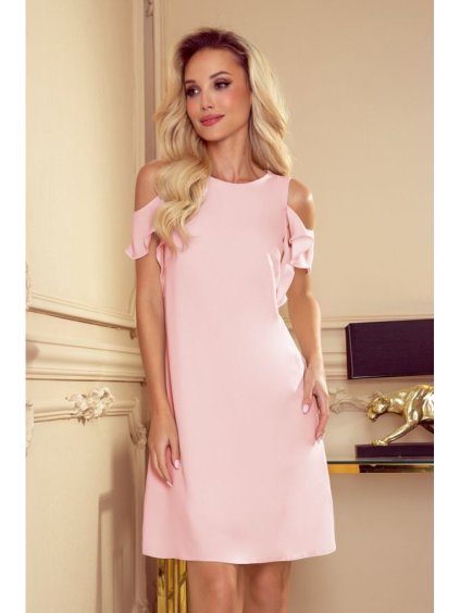 359-1 Lichoběžníkové šaty s volánky na ramenou - pastelově růžové