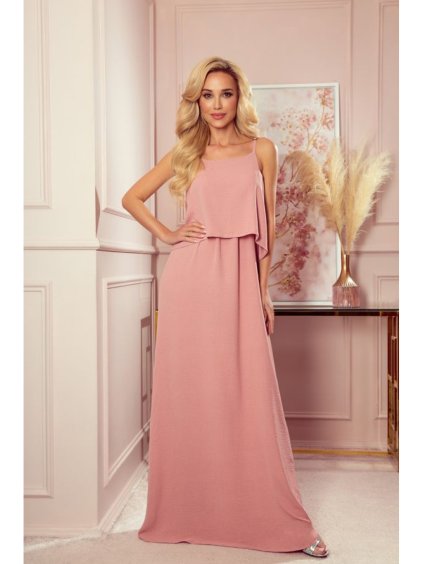 294-3 Dlouhé letní šaty s ramínky - pudrově růžové