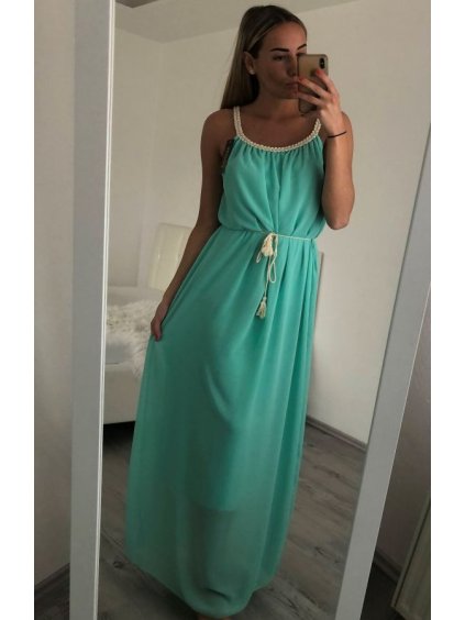 Šaty šifonové dlouhé letní na ramínkách dámské (S/L ONE SIZE) ITALSKá MóDA IMD22148/DR (Velikost M/L, Barva zelená mintova)