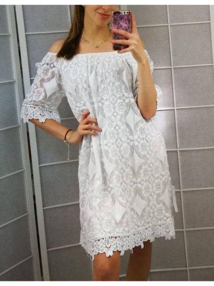 Šaty carmen krajkové bavlněné oversize krátký rukáv dámské nadrozměr (XL/2XL ONE SIZE) ITALSKÁ MÓDA IMD22161/DR (Velikost XL/2XL, Barva bílá)