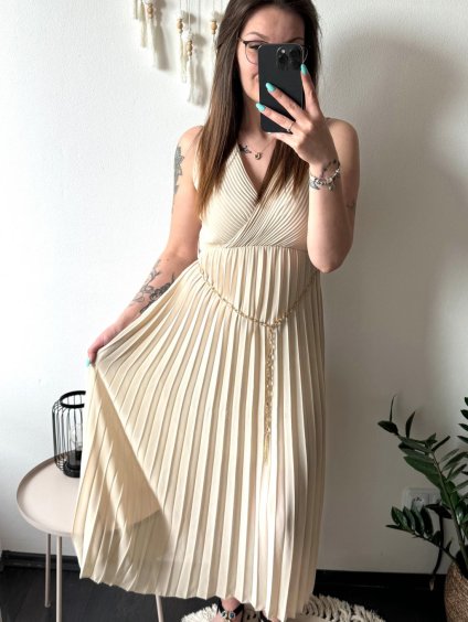 Šaty dlouhé elegantní letní šifonové bez rukávu dámské (S/M ONE SIZE) ITALSKÁ MÓDA IMD22324/DR (Velikost S/M/L, Barva béžová)