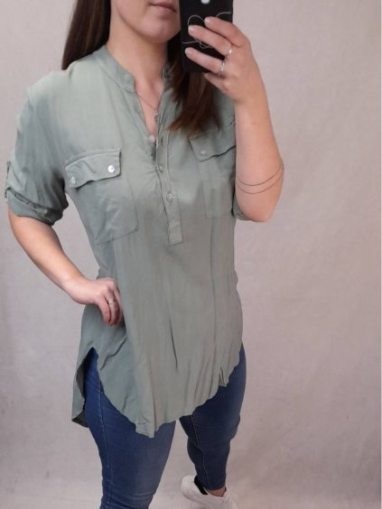 Tunika košilová oversize krátký rukáv dámská (L/XL one size) ITALSKÁ MÓDA IM421695 (Velikost S/M/L, Barva zelená khaki)