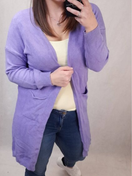 Cardigan pletený tenký jarní dlouhý rukáv dámský nadrozměr (L/2XL ONE SIZE) ITALSKÁ MÓDA IMD21947 (Velikost XL/2XL, Barva fialová)