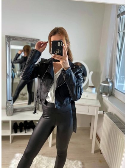 Bunda koženková křivák dlouhý rukáv dámská (S/M ONE SIZE) ITALSKÁ MÓDA IMM22561/DR (Velikost S/M/L, Barva Černá)