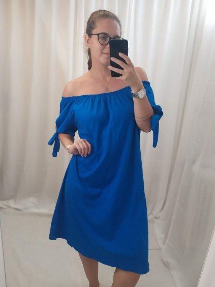 Šaty letní carmen krátký rukáv dámské nadrozměr (XL/2XL ONE SIZEl) ITALSKÁ MÓDA IMD22046/DR (Velikost XL/2XL, Barva modrá královská)
