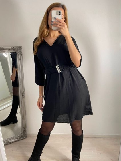 Šaty oversize elegantní s páskem krátký rukáv dámské (S/M/L/XL ONE SIZE) ITALSKÁ MÓDA IMWB22191/DR (Velikost S/M/L, Barva Černá)