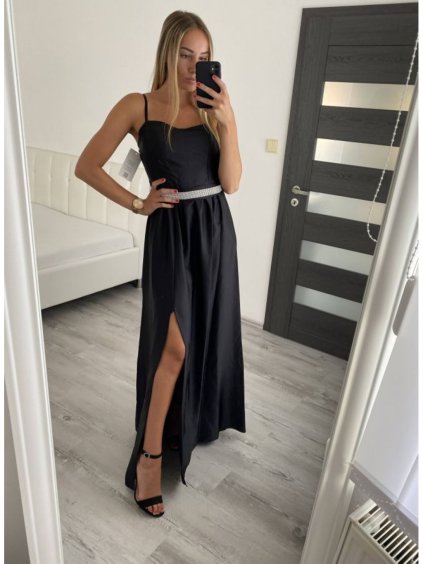 Šaty dlouhé elegantní saténové na ramínka dámské (S/M ONE SIZE) ITALSKÁ MÓDA IMM2222611LS/DR (Velikost S/M/L, Barva Černá)
