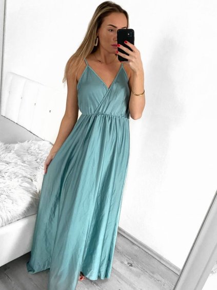 Šaty dlouhé společenské saténové na ramínka dámské Elisabet (XS/S/M/L ONE SIZE) ITALSKÁ MÓDA IMM22360/DR (Velikost S/M/L, Barva zelená smaragdová)