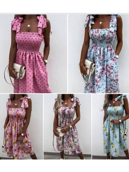 Šaty letní žabičkované na ramínka dámské (S/M ONE SIZE) ITALSKÁ MÓDA IMWA215609 (Velikost S/M/L, Barva modrá)