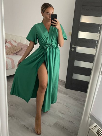 Šaty společenské elegantní letní krátký rukáv dámské (S/M ONE SIZE) ITALSKÁ MÓDA IMPSH22L52150/DR (Velikost S/M/L, Barva zelená)