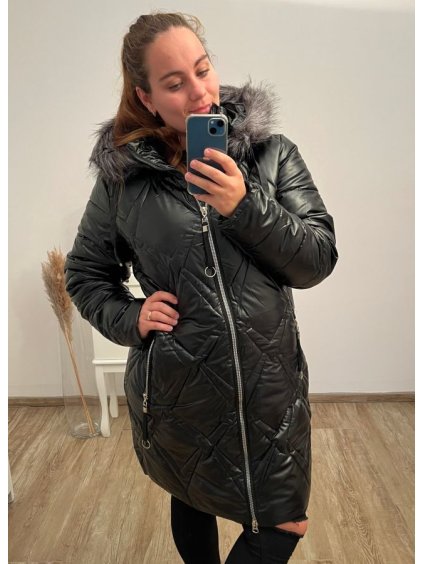 Bunda/kabát s kapucí dámská nadrozměr (M-3XL) BAT22noemi (Velikost M, Barva Černá)