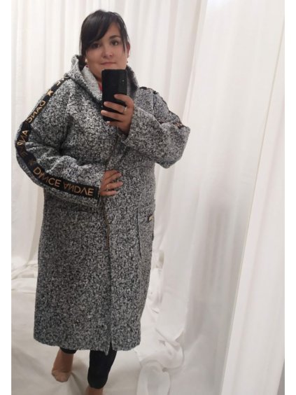 Kabát beránkový s kapucí dlouhý rukáv dámský nadrozměr (XL/2XL ONE SIZE) ITALSKÁ MÓDA IMBM22008 (Velikost XL/2XL, Barva šedá)