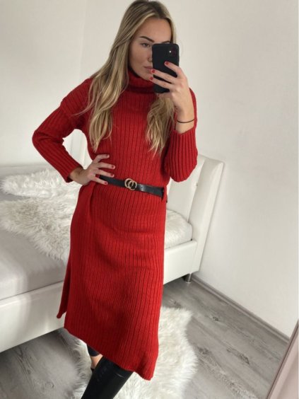 Šaty pletené rolákové s páskem dlouhý rukáv dámské (S/M ONE SIZE) ITALSKÁ MÓDA IM422NOEMI (Velikost S/M/L, Barva fialová)