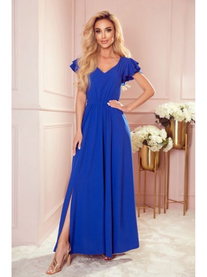 310-3 LIDIA dlouhé šaty s výstřihem a volány - Royal Blue