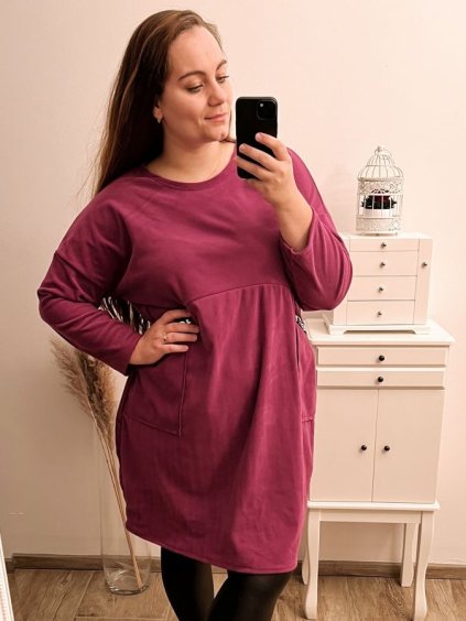 Šaty flaušové dlouhý rukáv dámské nadrozměr (2XL/3XL/4XL ONE SIZE) ITALSKá MóDA IM422SIENA/DR (Velikost 3XL/4XL, Barva fialová)