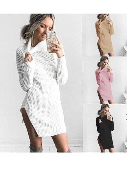 Šaty pletené svetr prodloužený s rolákem dámské (S/M ONE SIZE) ITALSKÁ MÓDA IMD20741/DR (Velikost S/M/L, Barva tmavě béžová)