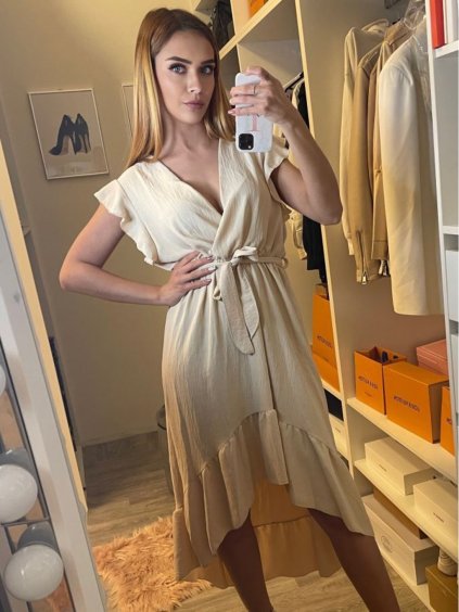Šaty elegantní  letní bez rukávu dámské (S/M ONE SIZE) ITALSKÁ MÓDA IMD22323/DR (Velikost S/M/L, Barva béžová)