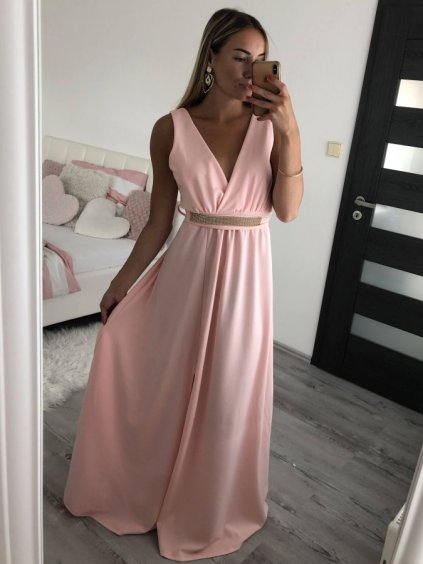 Šaty dlouhé na ramínka společenské elegantní plesové s páskem dámské (S/M ONE SIZE) ITALSKÁ MÓDA IMM22Q52228/DR (Velikost S/M/L, Barva růžová světlá)