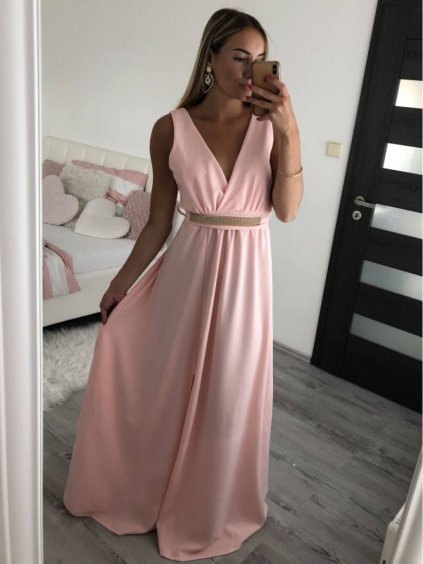 Šaty dlouhé na ramínka společenské elegantní plesové s páskem dámské (S/M ONE SIZE) ITALSKÁ MÓDA IMM22Q52228/DR (Velikost S/M/L, Barva růžová světlá)
