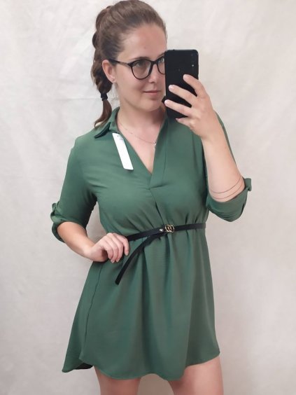 Tunika košilová s páskem dlouhý rukáv dámská nadrozměr (2XL/3XL ONE SIZE) ITALSKá MóDA IM422083/DR (Velikost 2XL/3XL, Barva Černá)