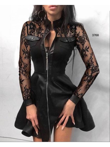 Šaty elegantní koženkové s krajkou dlouhý rukáv dámské (S-XL) ITALSKÁ MÓDA IMWD211012