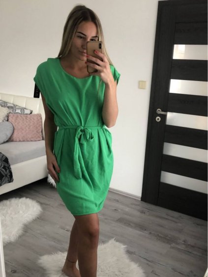 Šaty letní elegantní s páskem dámské (S/M/L ONE SIZE) ITALSKÁ MÓDA IMH22122/DR (Velikost M/L, Barva zelená)