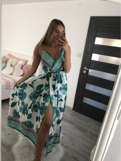 Šaty dlouhé letní  saténové na ramínka dámské  (S/M ONE SIZE) ITALSKÁ MÓDA IMM22Q51830/DR (Velikost S/M/L, Barva zelená)