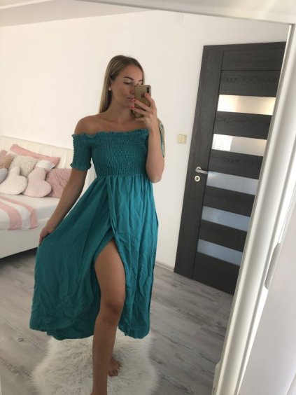 Šaty carmen dlouhé letní přes ramena dámské (S/M ONE SIZE) ITALSKÁ MÓDA IMM22399/DUR (Velikost S/M/L, Barva modrá)