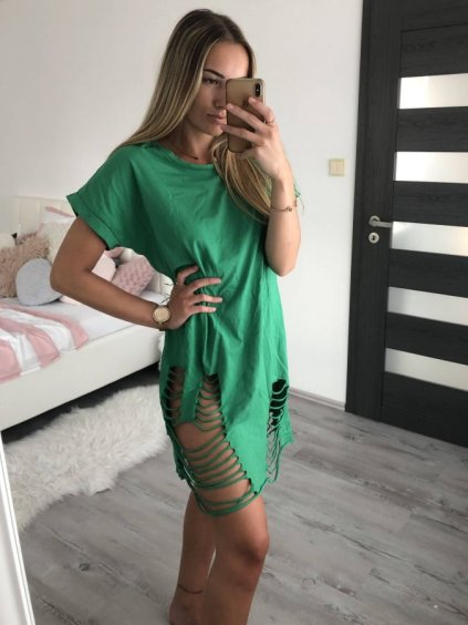 Šaty volnočasové bavlněné krátký rukáv dámská (M/L ONE SIZE) ITALSKÁ MÓDA IMD22560/DR (Velikost M/L, Barva zelená)