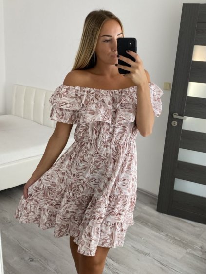 Šaty letní carmen přes ramena dámské (S/M ONE SIZE) ITALSKÁ MÓDA IMM2252377MY/DR (Velikost S/M/L, Barva béžová)